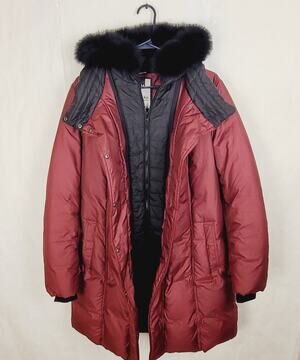 Soia & Kyo wine red feather down filled real fur trim hooded puffer coat Size L